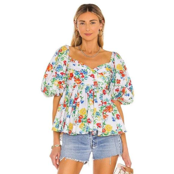 NWT New Caroline Constas Brie Top in White Summer Floral Sz M - Picture 1 of 7
